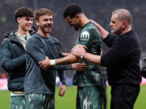Ange Postecoglou (right), Dominic Solanke (centre) and James Maddison celebrate after the final whistle