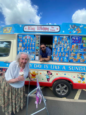 Resident from HC-One’s Foley Grange Care Home enjoying ice cream from BB King Whippy
