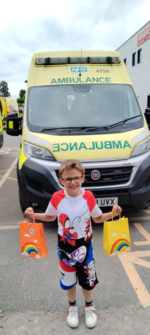 Finley-Jay with goodies for the ambulance staff.