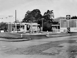 Newport filling station, Hotchkiss' garage c.1966. George Hotchkiss (born 1928) of Brookside Avenue, Newport, told us in 2016 how he took the licence to this garage when it was built new: 'We had premises behind this filling station, in Salters Lane, before this (was built),' he said. The filling station was (and still is) in Lower Bar, Newport.