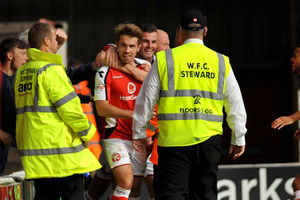 Tom Bradshaw celebrates his goal against Preston.