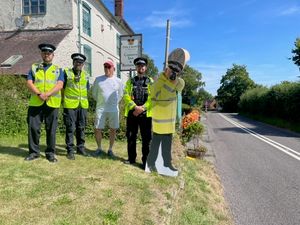  PCSOs Darren Barnett and Dave Baron, local Councillor for Munslow Nigel Dobson and Sergeant Damien Kelly with Bob the pop up cop