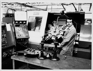 Tony Hampton on a numerical control lathe at Fischer Bearings Co. Ltd, 1979