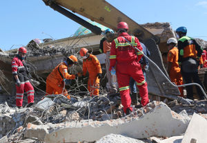 Rescue teams continue to search for victims in the collapsed Jamiul Jamaah Mosque