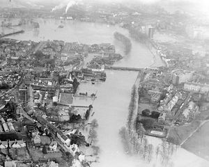Flooding in Shrewsbury on Monday, December 20, 1965. This view of the Welsh Bridge and the swollen River Severn as it engulfed the County Ground, top left, was taken by Shropshire Star chief photographer Johnnie Johnson, flown by Squadron Leader Tom Grace, Officer Commanding Flying Wing, of RAF Shawbury.