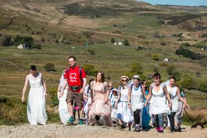 Maxine's fundraisers as they climbed Snowdon in wedding dresses