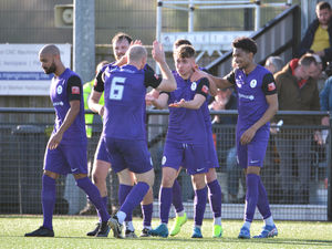 Remi Walker of AFC Telford United celebrates after scoring against Harborough Town