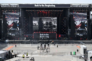 Soundchecks take place on the eve of British rock band, Black Sabbath's "Back to the Beginning" concert, Ozzy Osbourne's final ever gig as Black Sabbath's frontman at Villa Park in Birmingham, central England on July 4, 2025. Osbourne, who revealed in 2020 that he has Parkinson's disease, will join Tony Iommi, Geezer Butler and Bill Ward for the all-day "Back To The Beginning" show in Birmingham, central England, where the heavy metal giants formed in 1968. (Photo by ANDY BUCHANAN / AFP) (Photo by ANDY BUCHANAN/AFP via Getty Images)          