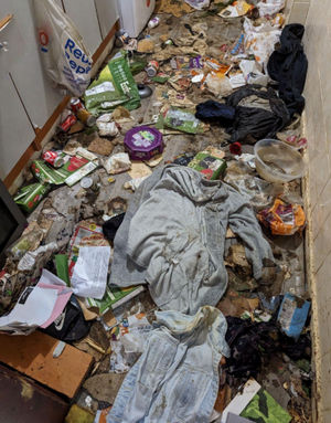 No food or water was found in the home, which was found to be cramped an filled with feaces