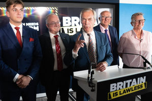 Reform party leader Nigel Farage takes part in media interviews after holding a news conference in central London