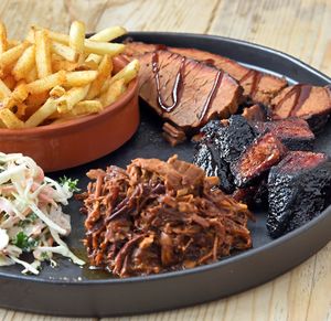 Beef brisket and pulled pork with burned ends