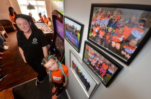 LAST COPYRIGHT SHROPSHIRE STAR STEVE LEATH 23/08/2023..Pic at Pub: The Park, Wellington, for a feature on how they have embraced ladies football and show national and league matches. Girls from Ladies Lightmoor Under 9's,  Lawley Galaxy FC, Galaxy Girls, Allscott Heath FC etc were on hand to pose for photos. They have photos of the local ladies team on the wall. Manager: Sam Cowill and Evie Kitching 8 take alook..