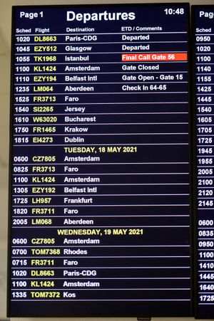 A list of the departures from Birmingham Airport