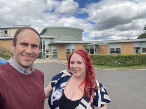 Cllr Keiran Casey and Emily Fereday outside Wrens Nest Primary School after donating the bleed kit.