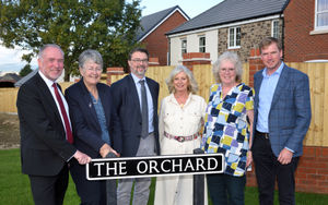 John Green (Shropshire Rural Housing), Cllr Heather Kidd, Jonathan Clive (Powis Estates), Celia Bahrami (Shropshire Rural Housing), Sam Hine (Shropshire Rural Housing) and Matthew Roberts (SJ Roberts Construction).