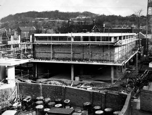 February 28, 1967, the building of Oakengates Town Hall. The caption was: 'Oakengates' 126,000 new civil hall continues to grow in the town centre. When completed, in September, the hall will seat about 900.'