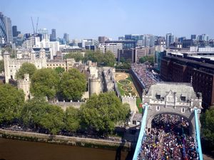 A general view of the mass participation race on Tower Bridge during the TCS London Marathon