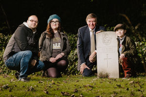 War Graves Commissioner and Ludlow MP Philip Dunne visits a cemetery in Doseley, Telford to meet war graves campaigner Claire Doherty. In Picture L>R: Neil Evans, Claire Doherty, Philip Dunne MP and Claire's son Khristian