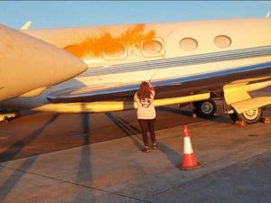 Supporting image for story: Just Stop Oil activists ‘spray orange paint over jets at Stansted airport’