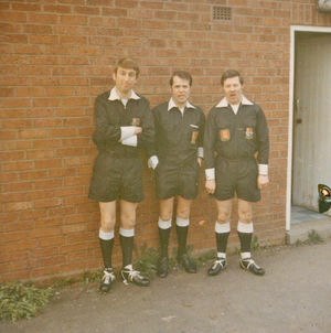John Kyte (left) with referee Alex Hamil (centre) before Atherstone Town v Halesowen Town, April 30, 1971