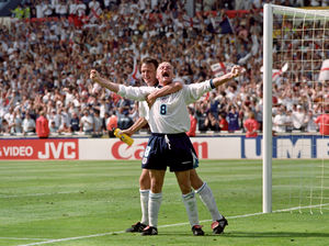 Paul Gascoigne celebrates his iconic goal with Teddy Sheringham in the Euro 96 clash against Scotland at Wembley
