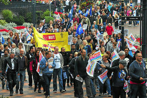 Members of the NUT and NASUWT rally in Victoria Square, Birmingham,  today during  a one day strike by thousands of teachers