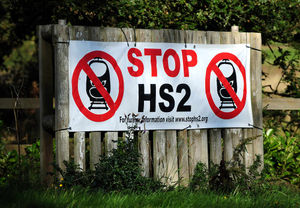 A protest sign against HS2 high-speed rail link in Whittington, Staffordshire