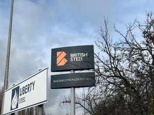 A British Steel sign at the entrance to its Scunthorpe steelworks