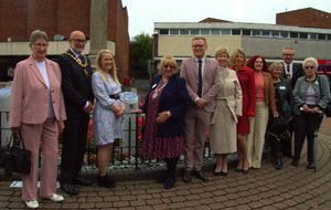 Invited Guests l-r Councillor Maureen Freeman, CCDC Chairman Steve Thornley, Councillor Olivia Lyons, SI Cannock Team President Carole Holdcroft, Josh Newbury MP, Soroptimists Adrienne Hewitt, Trish Mellor (MC), Michelle Dawes & Jill Mason, Deputy Lieutenant Charles Hawley and Soroptimist Cresta Garner