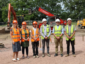 Vikki Pryce, Jo Mear and Sam Leslie from Condover College with Matthew Roberts, Lee Morris and Mick Ellis from SJ Roberts Construction