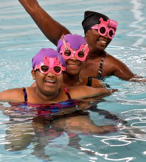 Members of the Health Equity Alliance #BBM, who are on a mission to get more black women to take up swimming and also have regular breast screening. The initiative is taking place at Sandwell Aquatics Centre.