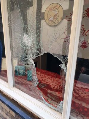 Smashed window at Strands in Grope Lane, Shrewsbury