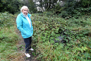 Residents near St John's Church, Dudley, are angry about the state of the cemetery. Judith Fisher next to an overgrown gravestone