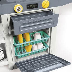 It features a dishwasher and crockery to fit in it