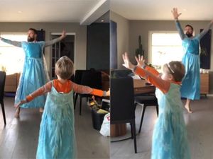 Supporting image for story: Father and four-year-old son film fun tribute to Frozen in matching costumes