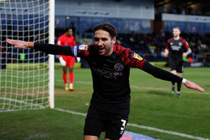 Luke Leahy of Shrewsbury Town celebrates after scoring a goal to make it 0-3 from the penalty spot..