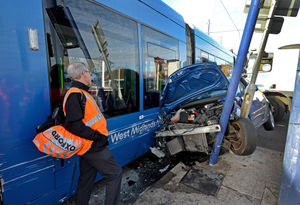 A blue Renault Clio and a West Midlands Metro tram were involved in the collision
