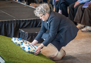 Parliamentary Under-Secretary of State in the Department of Health and Social Care, Ashley Dalton MP, lays a wreath during a ceremony marking the fifth anniversary of the Covid-19 pandemic


