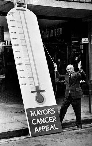 Mayor of Shrewsbury Councillor Bernard Lingen helps put up a fundraising target giant 13ft thermometer in The Square, Shrewsbury, on August 6, 1979. He had launched in his mayoral year an appeal to raise \u00a31.25 million to built a cobalt unit (i.e. cancer treatment unit) at the Royal Shrewsbury Hospital. This picture is a print in the Shropshire Star picture archive and has the Shropshire Star copyright stamp. Councillor Lingen had launched the Cobalt Unit Fund, which became the Lingen-Davies fund