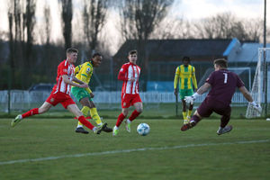 Rico Richards of West Bromwich Albion has his shot saved by the feet of Charlie Price of Stourbridge (Photo by Adam Fradgley/West Bromwich Albion FC via Getty Images).