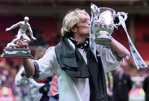 Tottenham Hotspur's Goal scorer, and man of the match Allan Nielsen celebrates at Wembley.