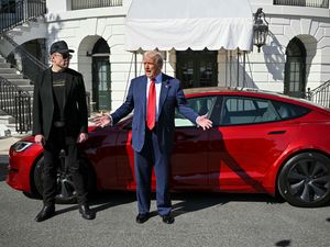 Donald Trump and Elon Musk with a red Model S Tesla