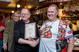 Pete Hill with Ian Boyd Chair of South Herts CAMRA at the Mermaid pub in St Albans Herts. 