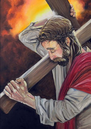 Jesus takes up the burden of his cross - once again Victoria brings the viewer into the journey, rather than observing from a distance.