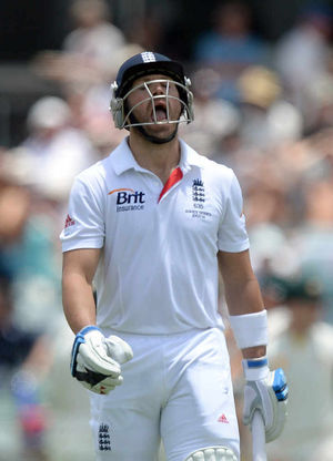 England's Matt Prior reacts after being caught behind by Australia's Brad Haddin (not pictured) off the bowling of Mitchell Johnson