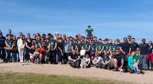 Junior rugby players and their families at the top of The Wrekin. The sponsored walk has raised more than £2,600 so far. 