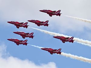 Supporting image for story: Red Arrows flight path and times over Shropshire as planes perform displays at RAF events