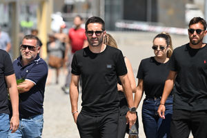 Portuguese footballer Joao Moutinho (centre) arrives at the wake of Diogo Jota being held at Sao Cosme Chapel in the town of Gondomar near Porto