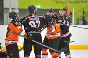 Tigers Michel Pavlue and Jow Greener get physical. Pictures - Matt Giles