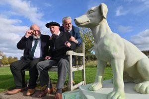 Preparing to star in Oldbury Rep's production of Heroes: Mark Moran, in the beret plays Phillippe, with Chris Broad (left) as Henri and Keith Thompson, right as Gustav.
Not forgetting, of course, Gaston Du Roc, the concrete dog.